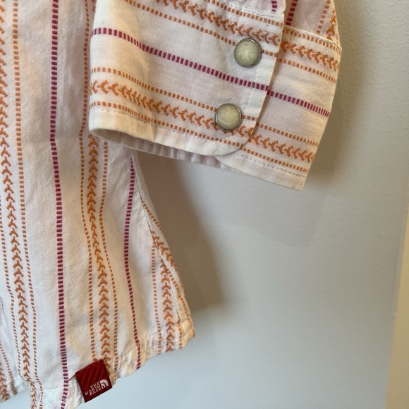 The North Face Women Small White Orange Striped Snap Front Roll Tab Sleeve Shirt - Picture 5 of 10